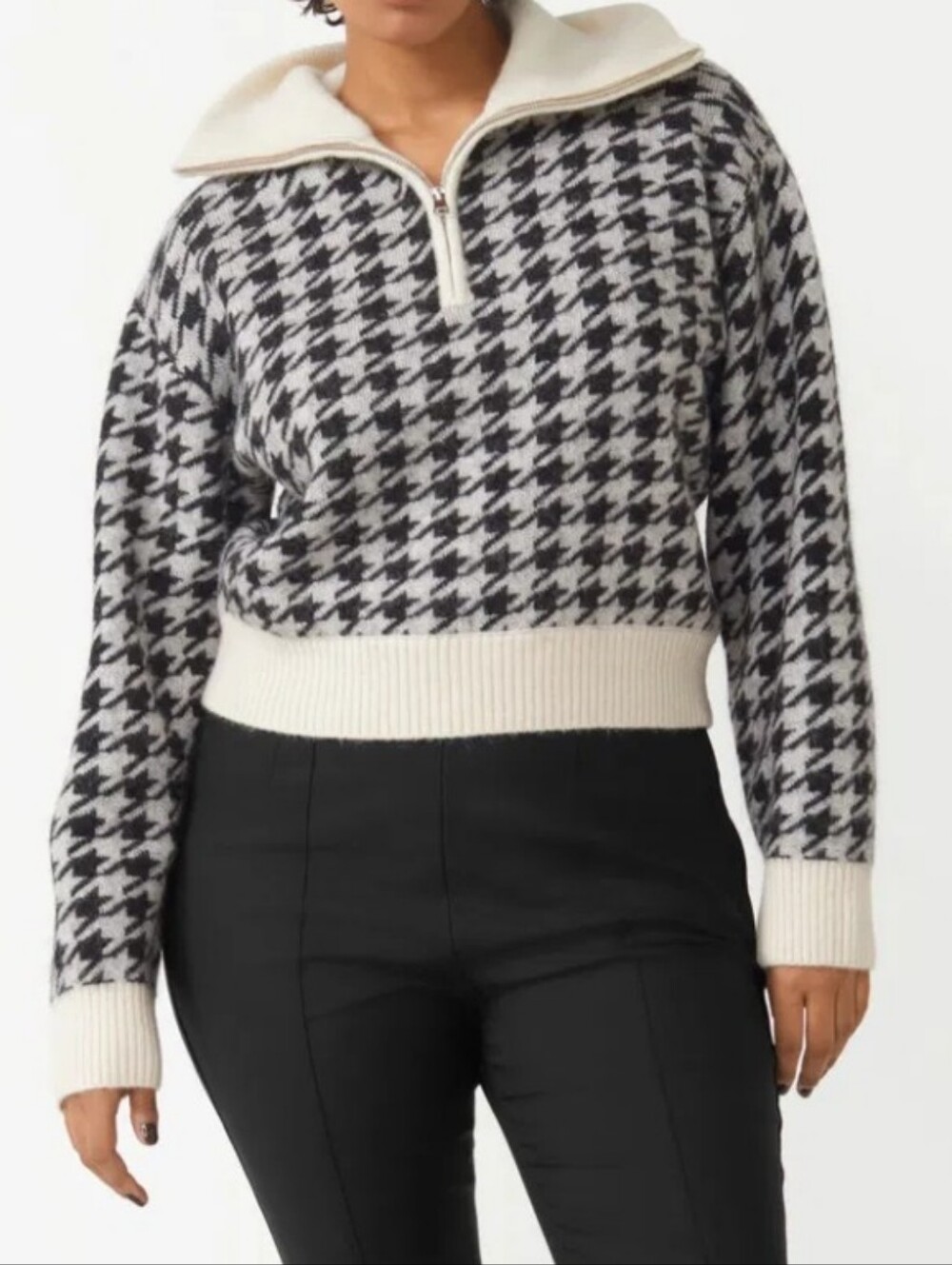 & OTHER STORIES Houndstooth Sweater M Alpaca Blend Half Zip Black Cream
